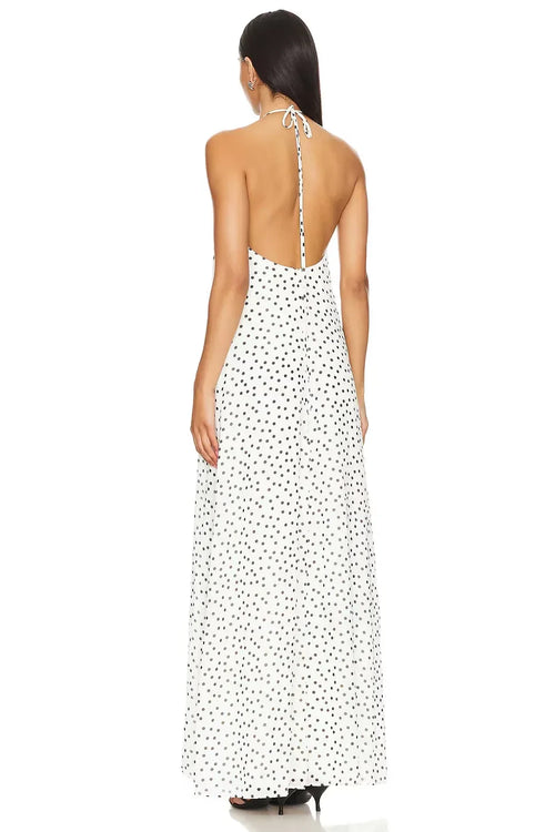 Robe de soirée longue chic à pois, sans manches, dos nu et col licou