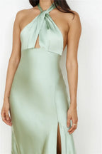 Chic Sheath Halter Neck Sleeveless Tie Back Side Slit Floor Length Prom Dress