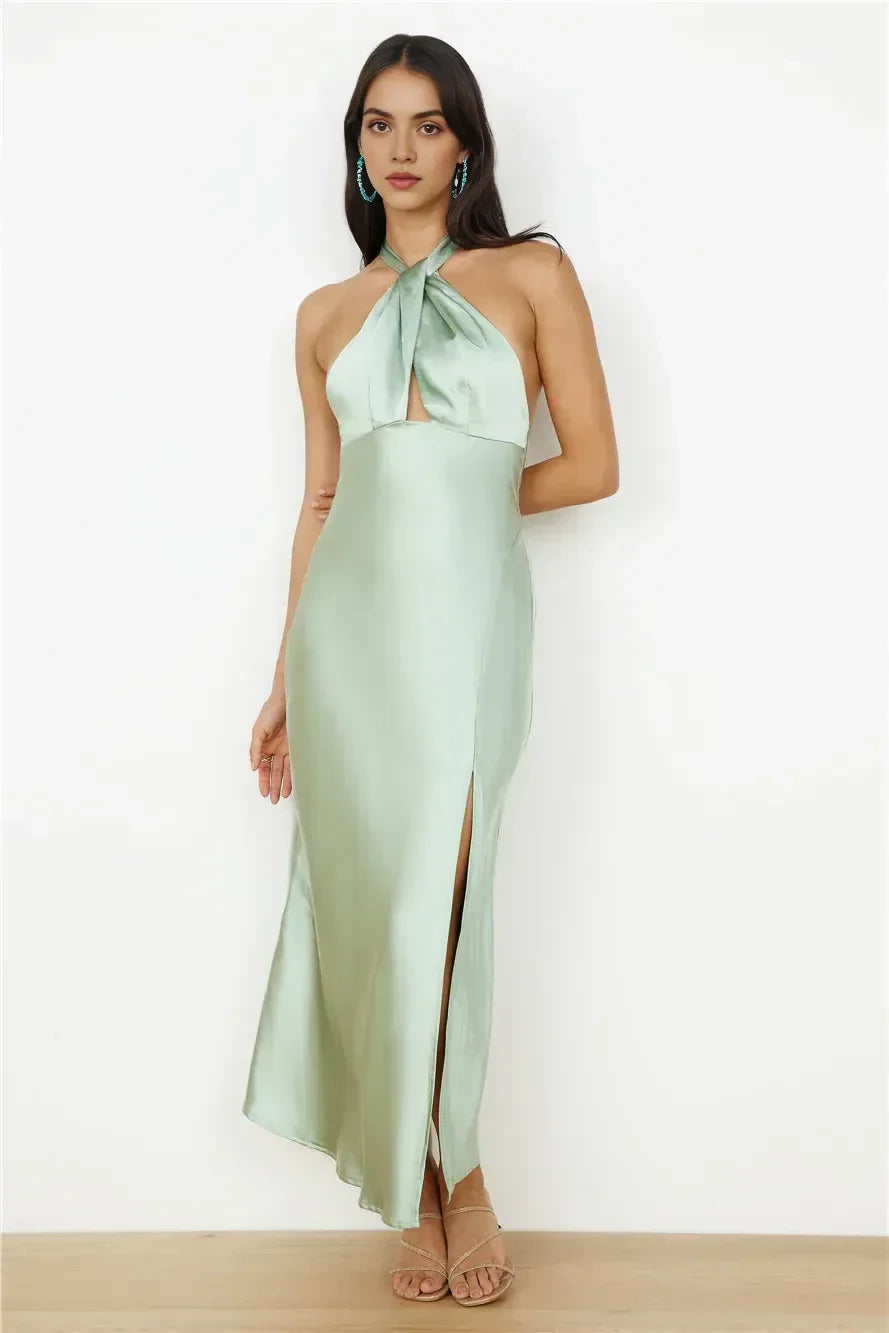 Chic Sheath Halter Neck Sleeveless Tie Back Side Slit Floor Length Prom Dress