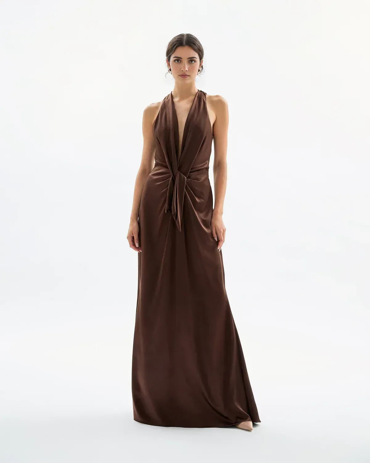 Chic Sheath Halter Neck Sleeveless Tie Front Floor Length Prom Dress
