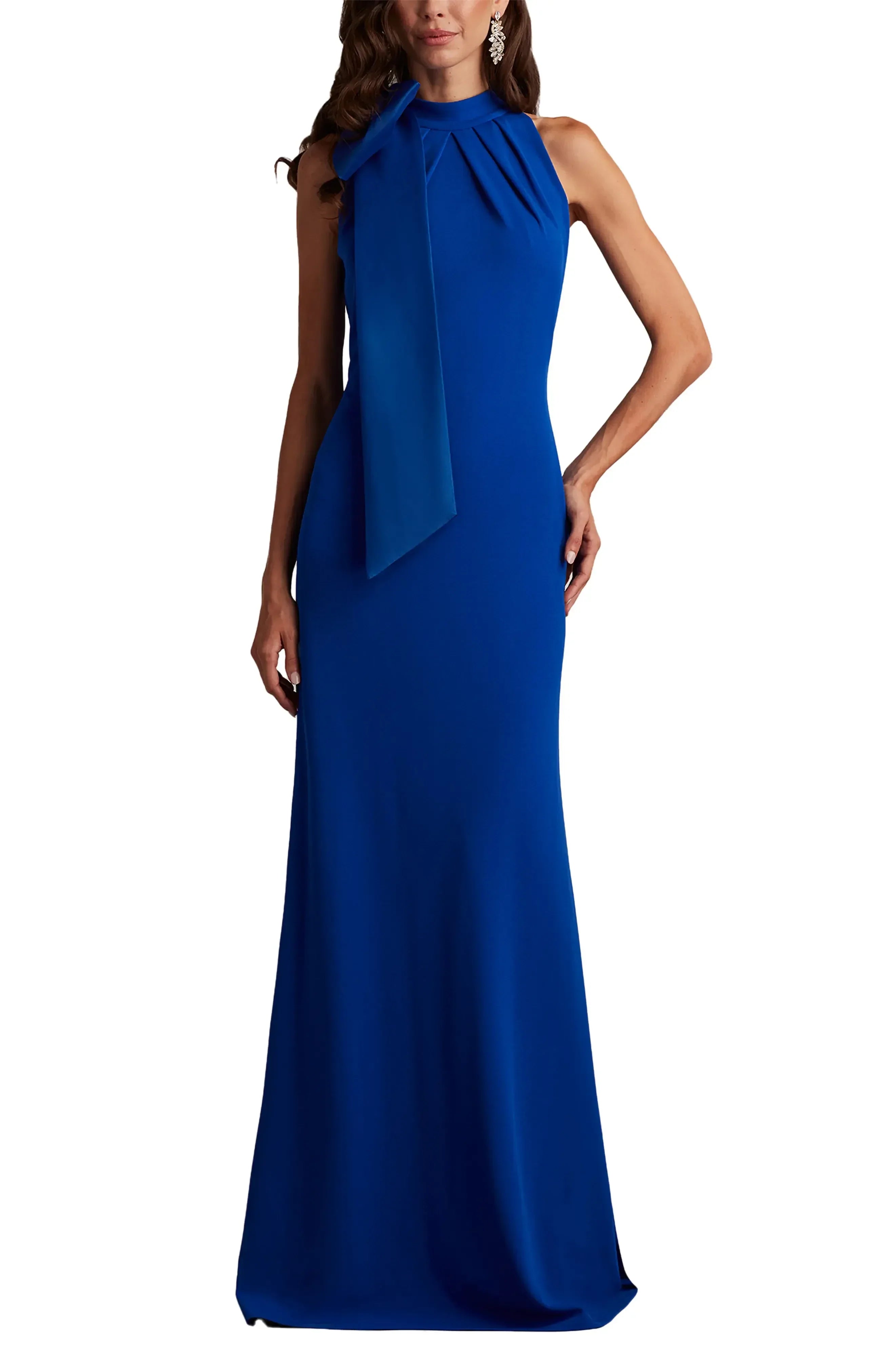 Chic Sheath High Neck Sleeveless Bow Back Floor Length Evening Dress