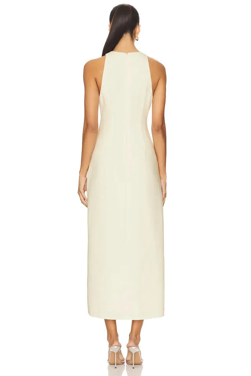 Robe de bal chic mi-longue fourreau sans manches à col montant et nœud