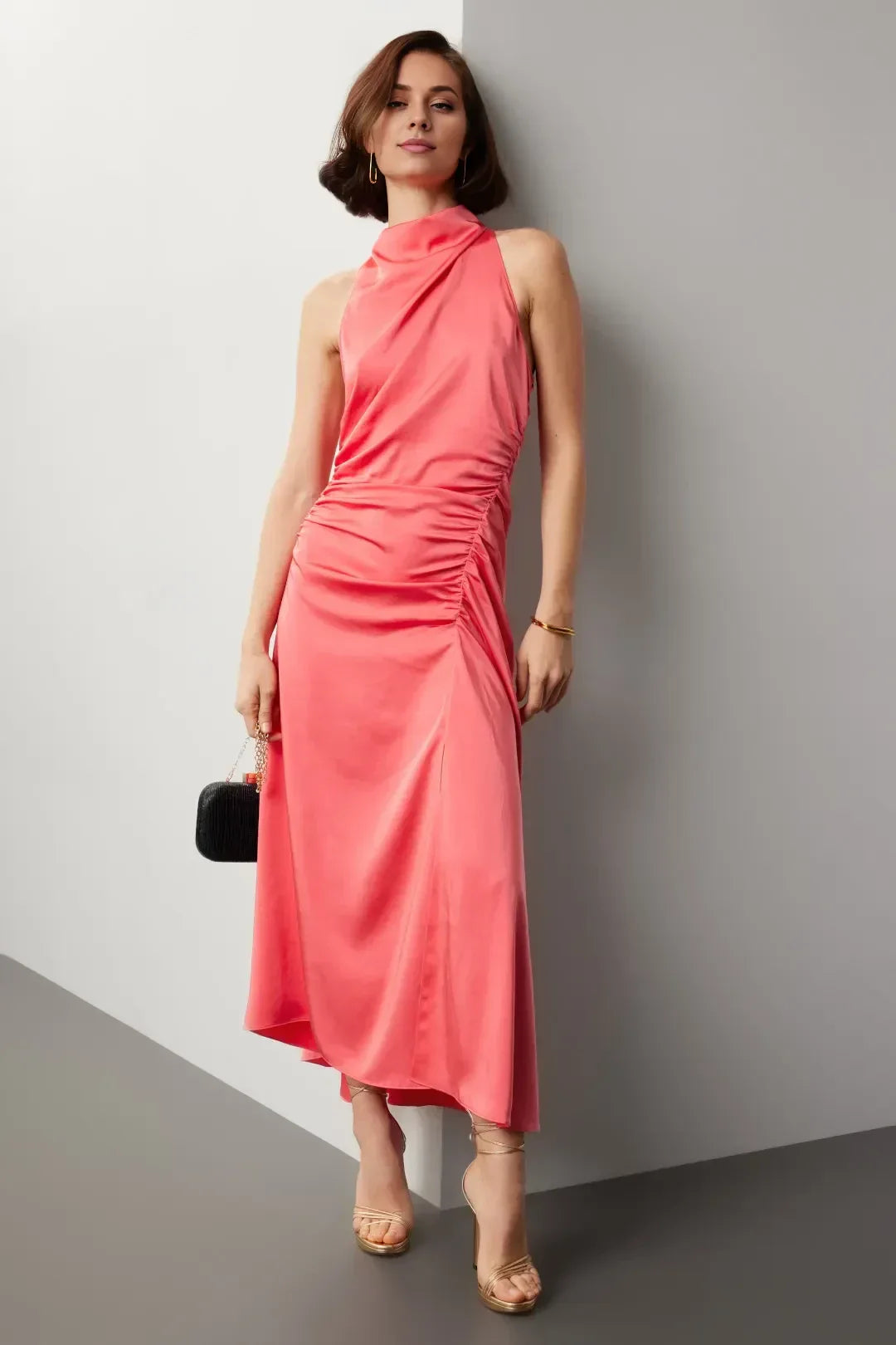Chic Sheath High Neck Sleeveless Ruched Side Asymmetrical Hem Plus Size Prom Dress