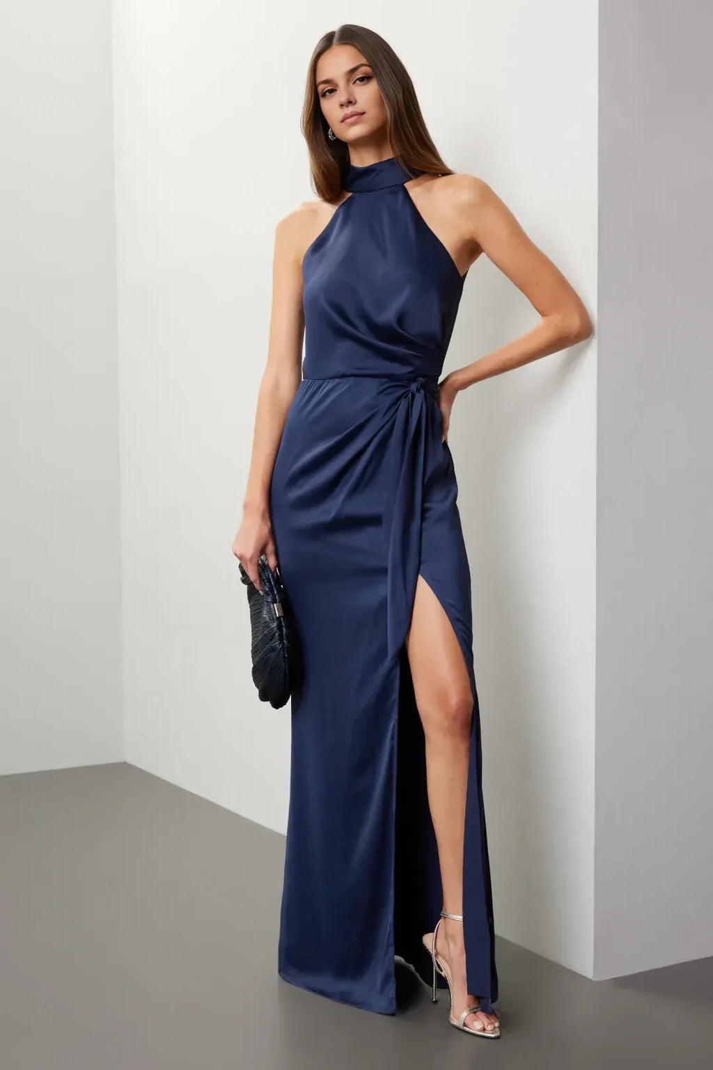 Chic Sheath High Neck Sleeveless Side Tie Floor Length Plus Size Prom Dress