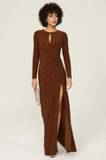 Chic Sheath Keyhole Neck Long Sleeve Ruched Side High Slit Floor Length Plus Size Prom Dress