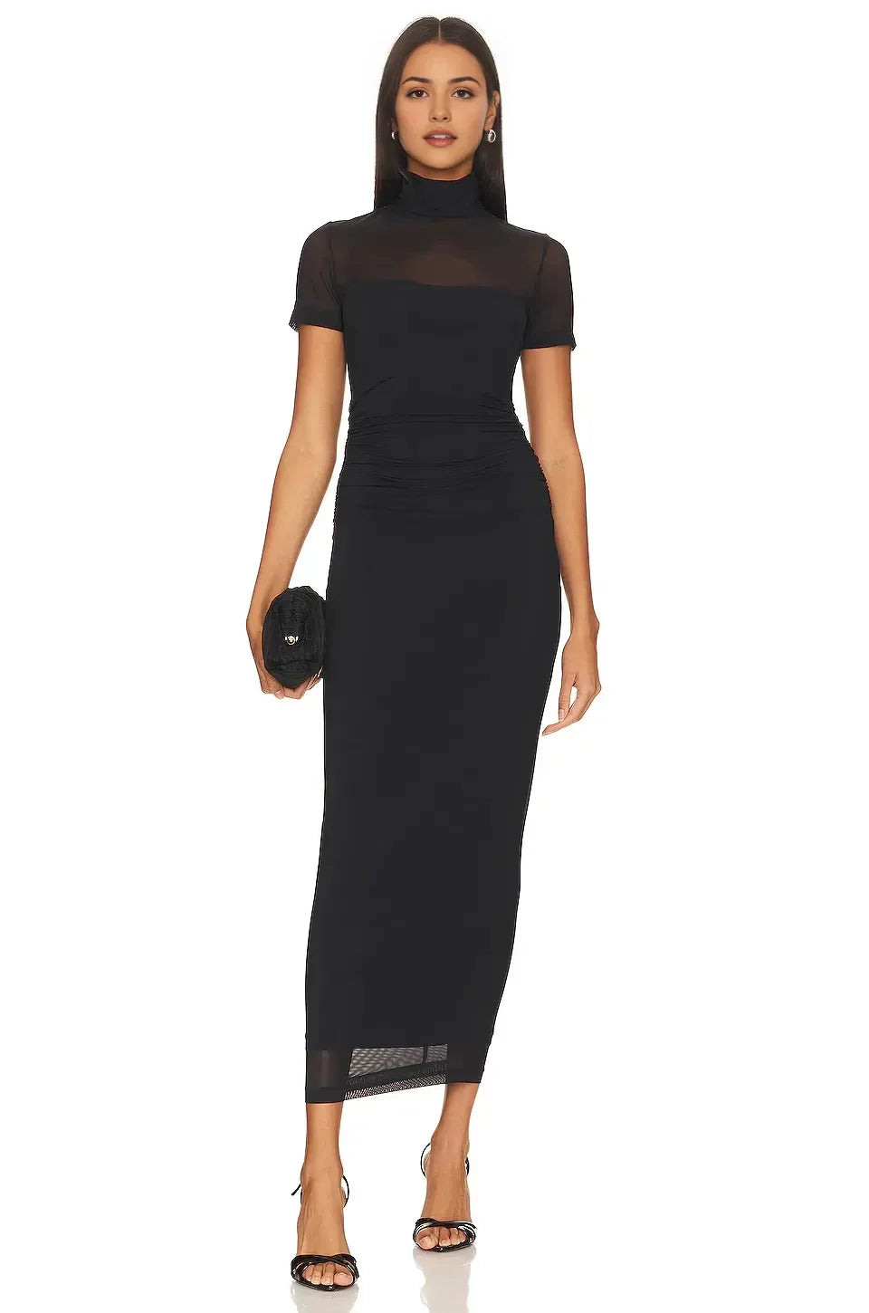 Chic Sheath Mock Neck Short Sleeve Keyhole Back Mesh Hem Midi Length Evening Dress
