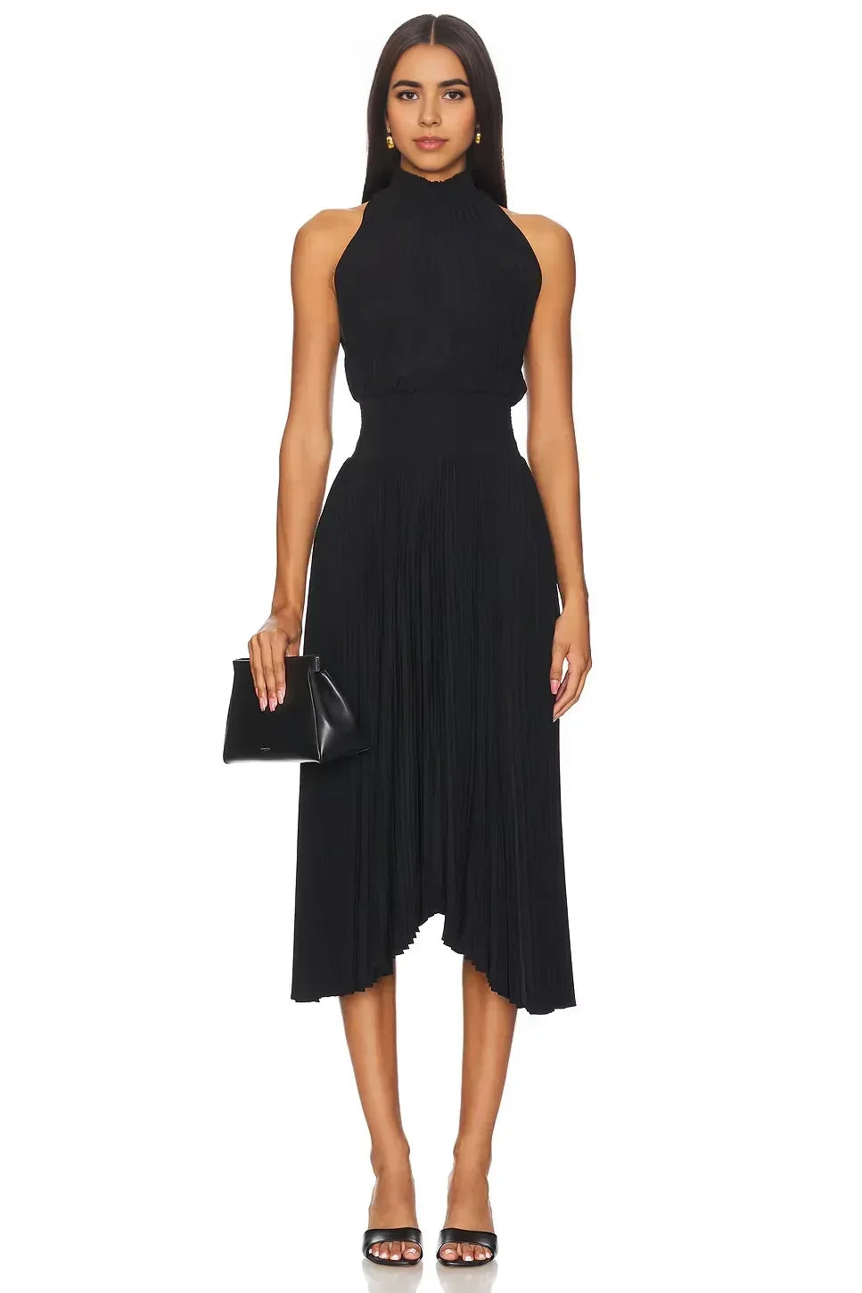 Chic Sheath Mock Neck Sleeveless Keyhole Back Pleated Hem Midi Length Evening Dress