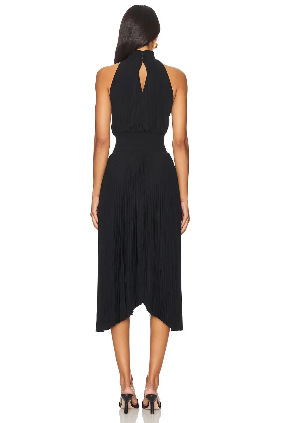 Chic Sheath Mock Neck Sleeveless Keyhole Back Pleated Hem Midi Length Evening Dress