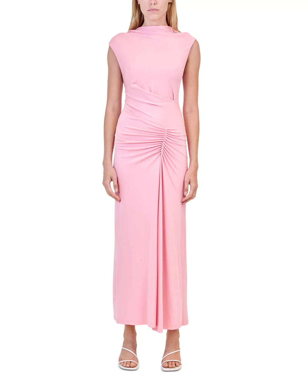 Chic Sheath Mock Neck Sleeveless Ruched Bodice Midi Length For Sale Prom Dress