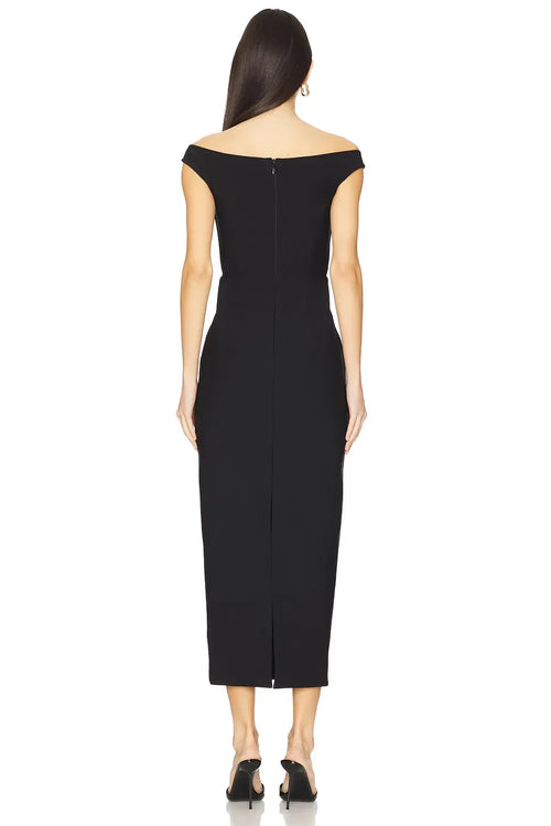Robe de bal chic mi-longue fourreau à épaules dénudées, manches courtes et fente haute