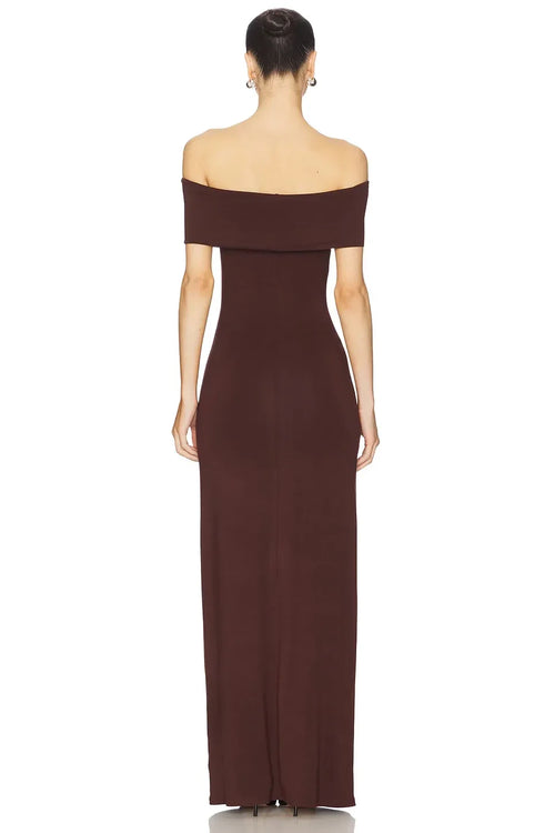 Robe de Soirée Maxi Fourreau Chic Épaules Dénudées Manches Courtes Dos Uni