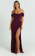 Chic Sheath Off Shoulder Draped Bodice High Slit Floor Length Plus Size Evening Dress