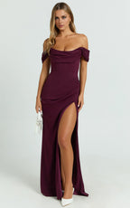 Chic Sheath Off Shoulder Draped Bodice High Slit Floor Length Plus Size Evening Dress