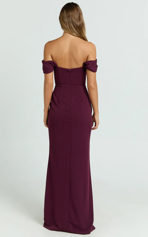 Chic Sheath Off Shoulder Draped Bodice High Slit Floor Length Plus Size Evening Dress