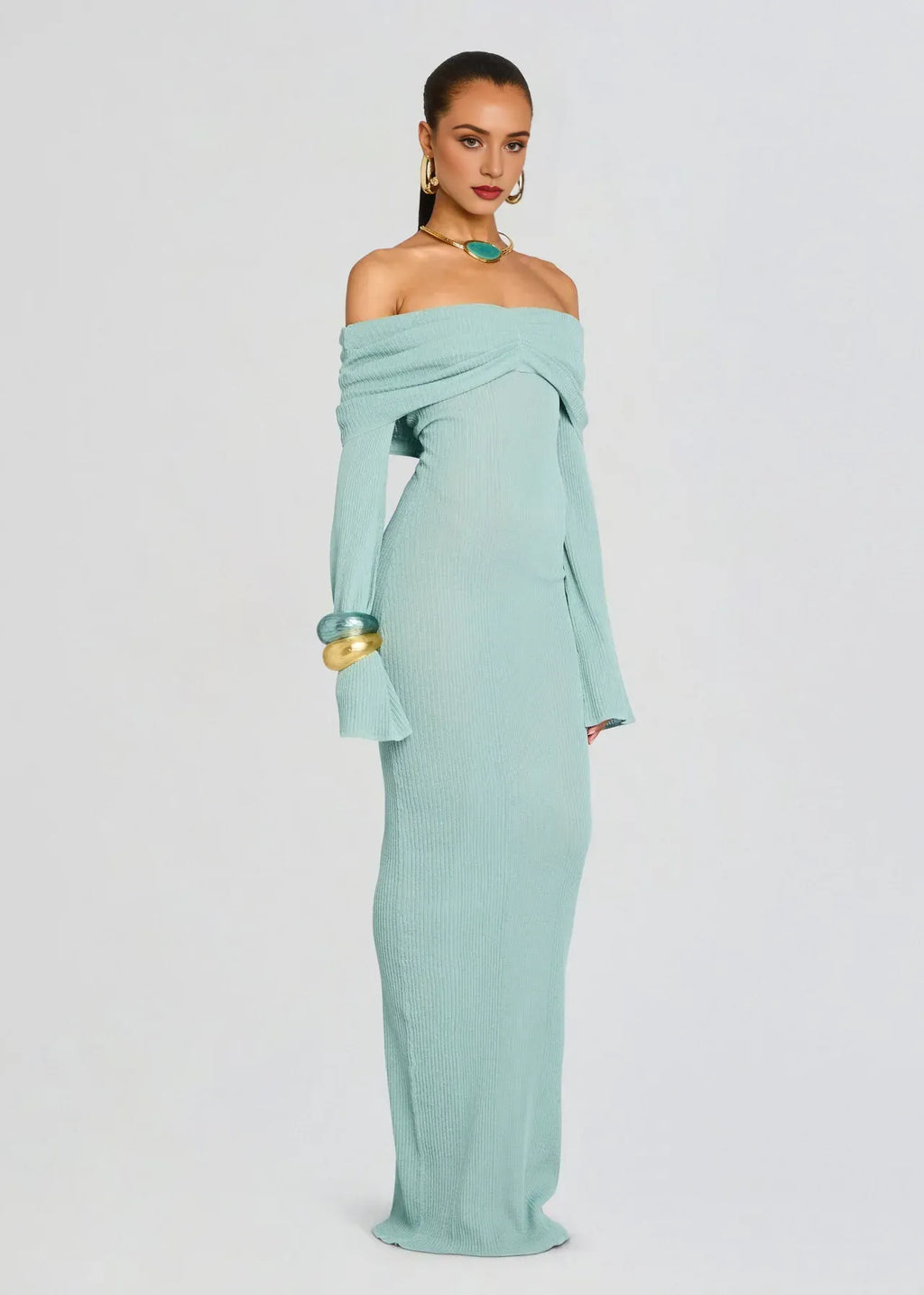 Chic Sheath Off Shoulder Long Sleeve Open Back Floor Length Plus Size Prom Dress