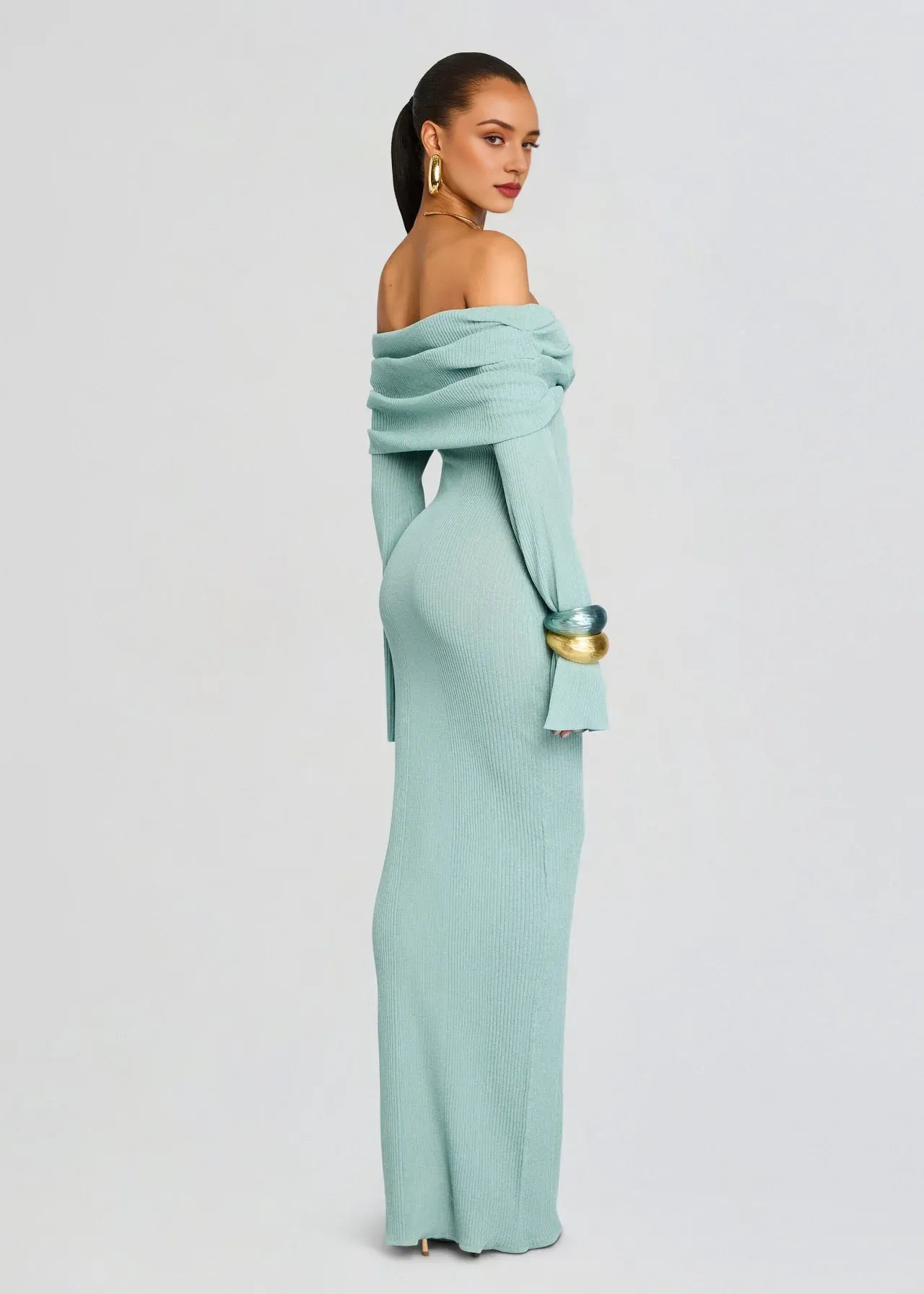 Chic Sheath Off Shoulder Long Sleeve Open Back Floor Length Plus Size Prom Dress