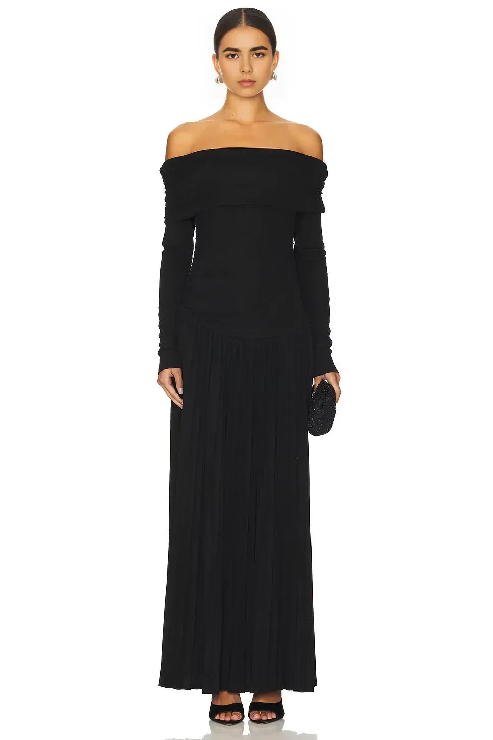 Chic Sheath Off Shoulder Long Sleeve Pleated Hem Floor Length Evening Dress