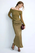 Chic Sheath Off Shoulder Long Sleeve Ruched Bodice Back Slit Plus Size Floor Length Prom Dress