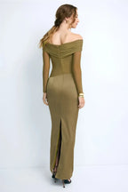 Chic Sheath Off Shoulder Long Sleeve Ruched Bodice Back Slit Plus Size Floor Length Prom Dress