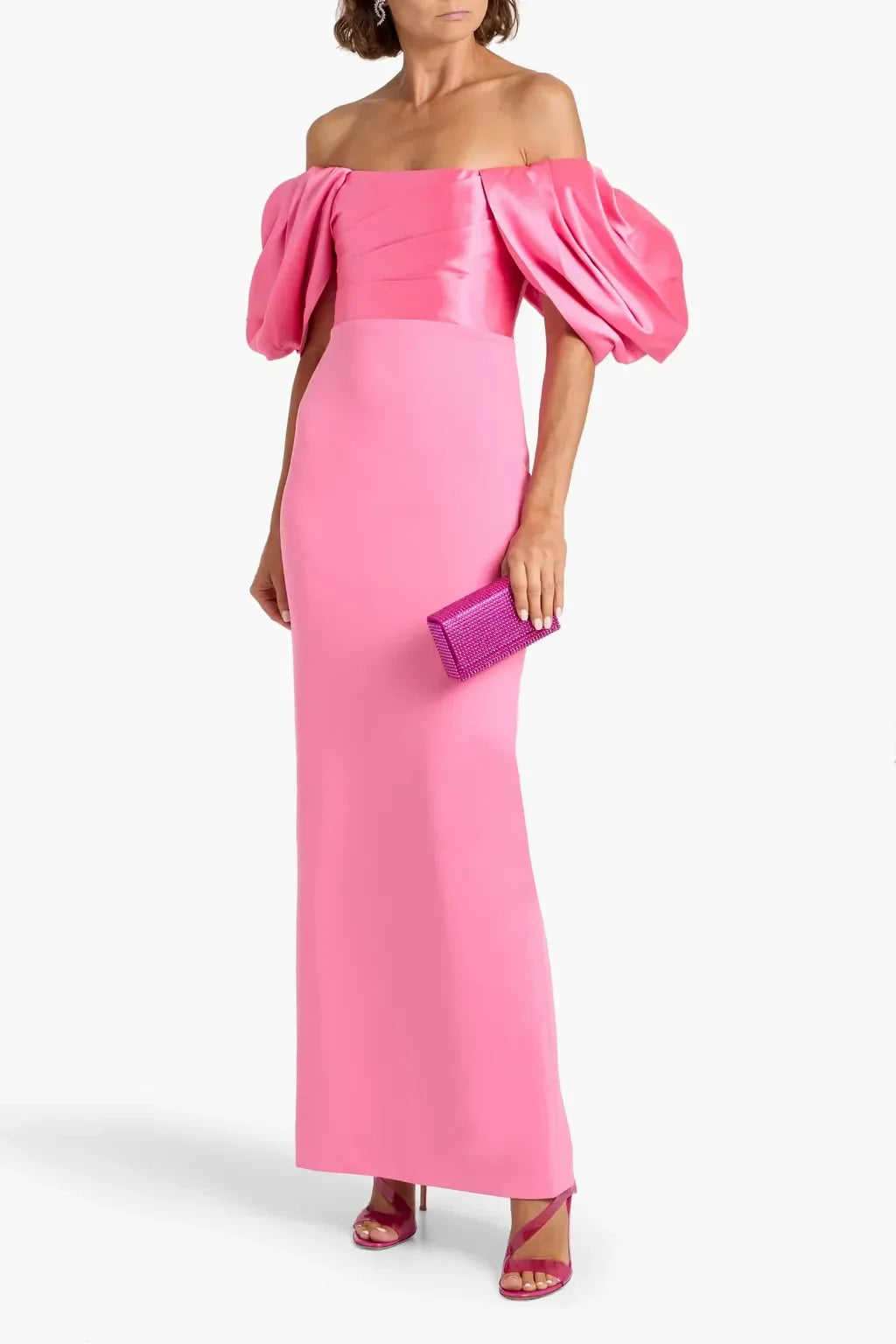 Chic Sheath Off Shoulder Puff Sleeve Open Back High Slit Floo Length Plus Size Evening Dress