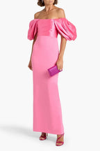 Chic Sheath Off Shoulder Puff Sleeve Open Back High Slit Floo Length Plus Size Evening Dress