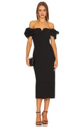 Chic Sheath Off Shoulder Ruffled Short Sleeve Zipper Back Midi Length Evening Dress