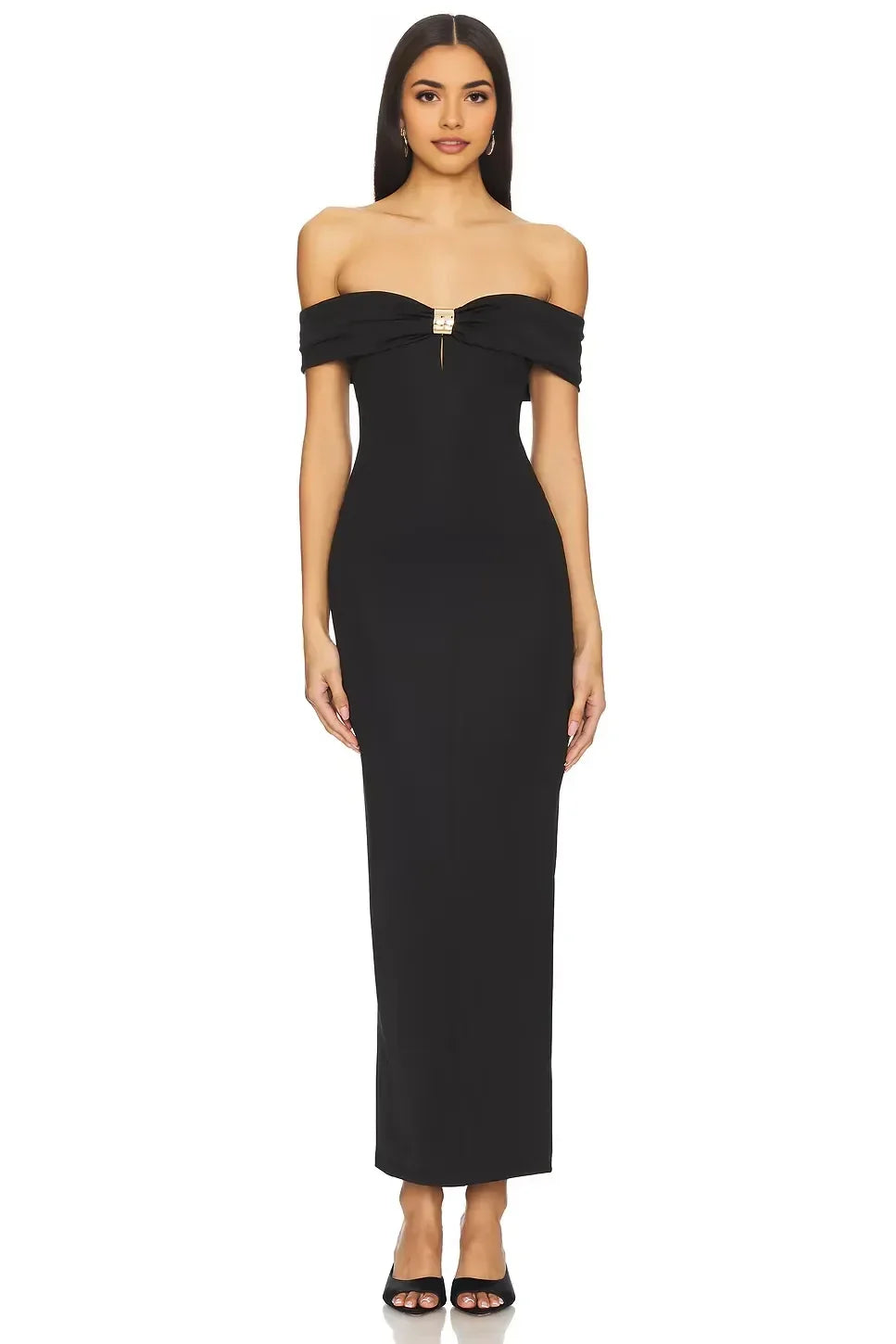 Chic Sheath Off Shoulder Short Sleeve Ruched Back Slit Back Midi Length Evening Dress
