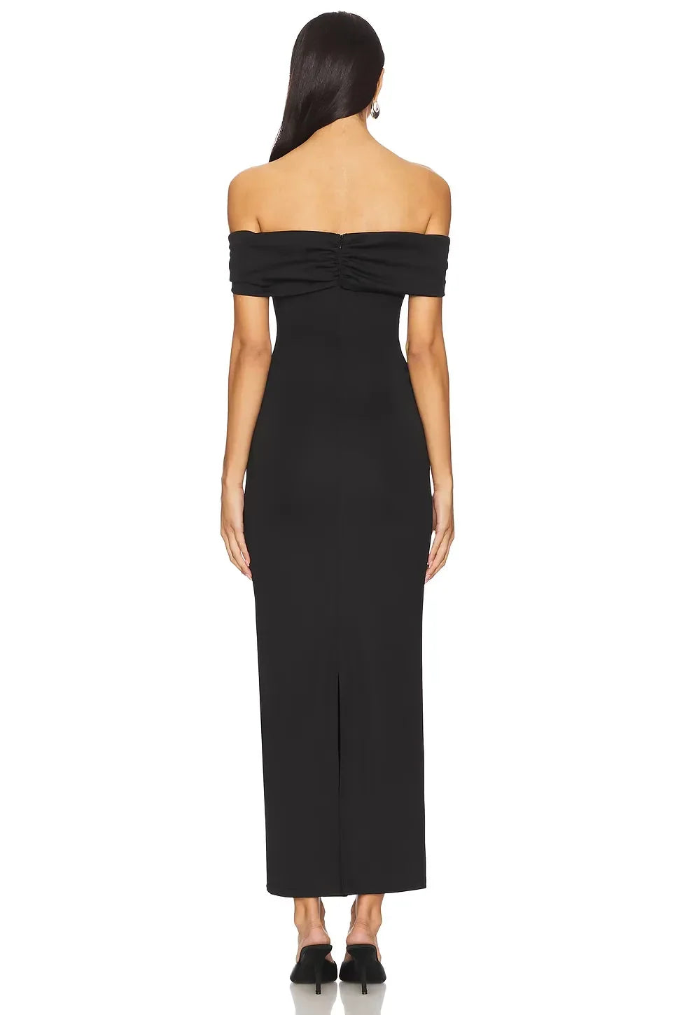 Chic Sheath Off Shoulder Short Sleeve Ruched Back Slit Back Midi Length Evening Dress