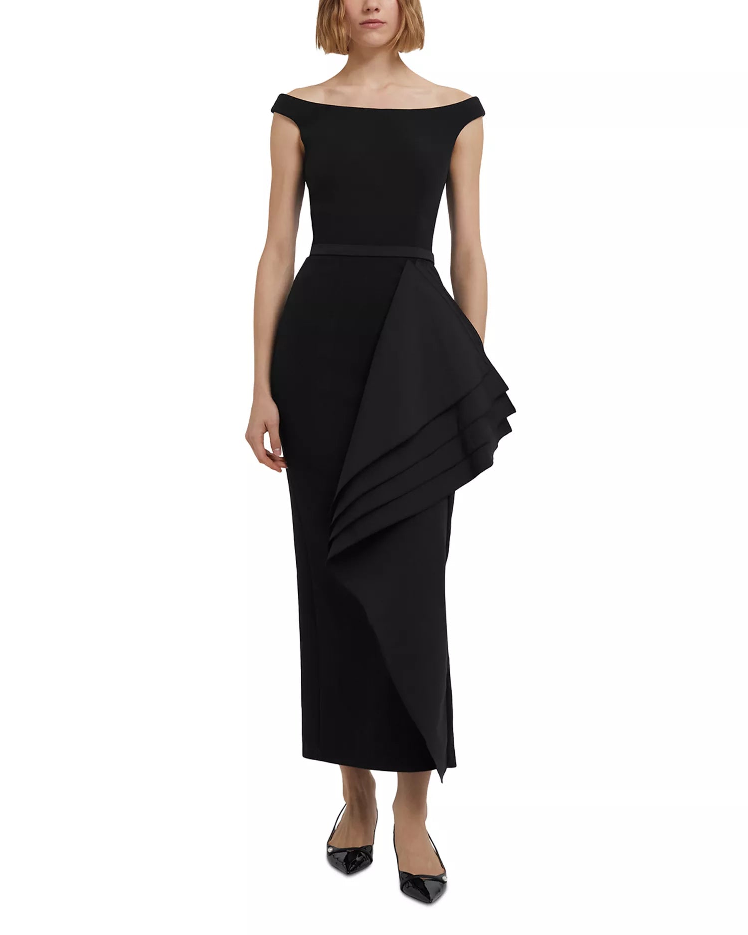 Chic Sheath Off the Shoulder Sleeveless Ruffle Accent Midi Length For Adults Prom Dress ﻿
