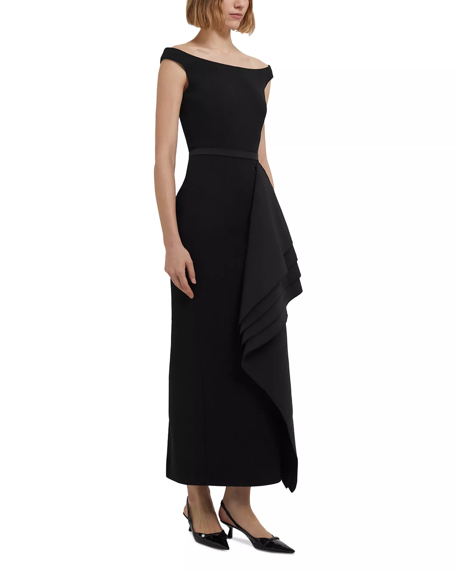 Chic Sheath Off the Shoulder Sleeveless Ruffle Accent Midi Length For Adults Prom Dress ﻿