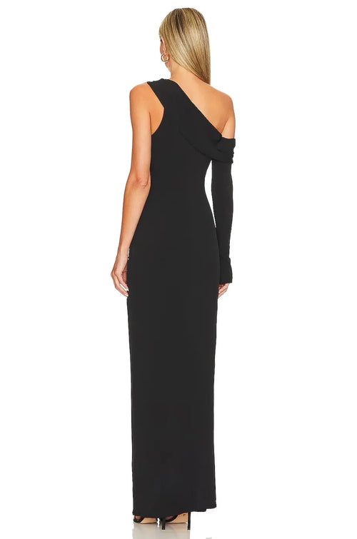Élégante Robe Fourreau Asymétrique à Une Épaule Manches Unies Dos Uni Longueur Ras du Sol pour Soirée