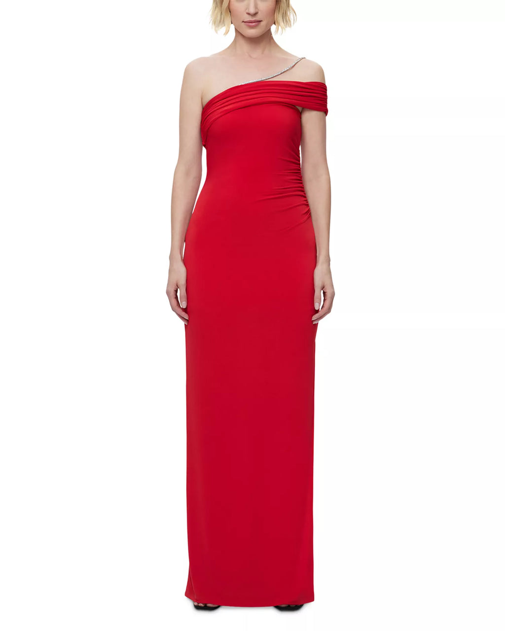 Chic Sheath One Shoulder Beaded Strap Ruched Bodice Floor Length For Sale Prom Dress