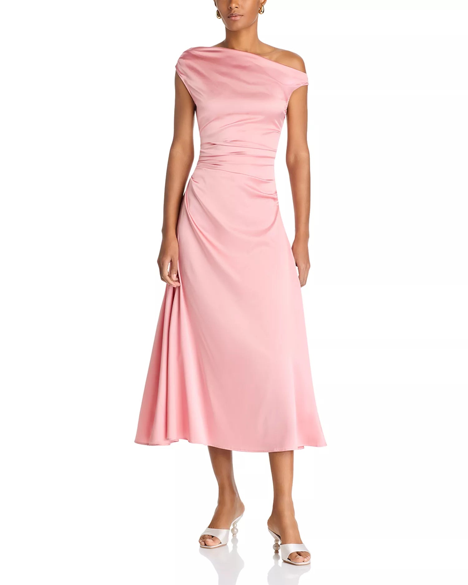 Chic Sheath One Shoulder Cap Sleeve Ruched Back Midi Length For Ladies Prom Dress