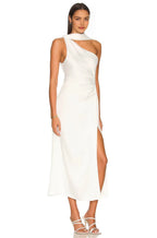Chic Sheath One Shoulder Drape Neck Sleeveless Open Back Midi Evening Dress