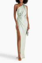 Chic Sheath One Shoulder Draped Detail High Slit Floor Length Plus Size Evening Dress