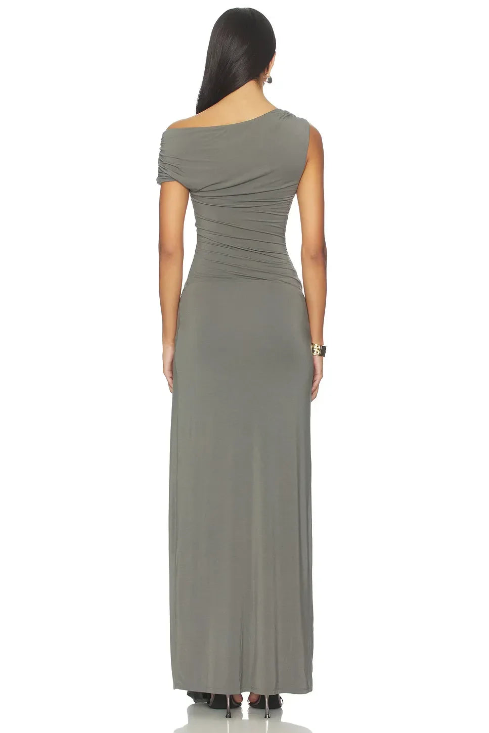Chic Sheath One Shoulder Draped Sleeve Asymmetric Slit Floor Length Evening Dress