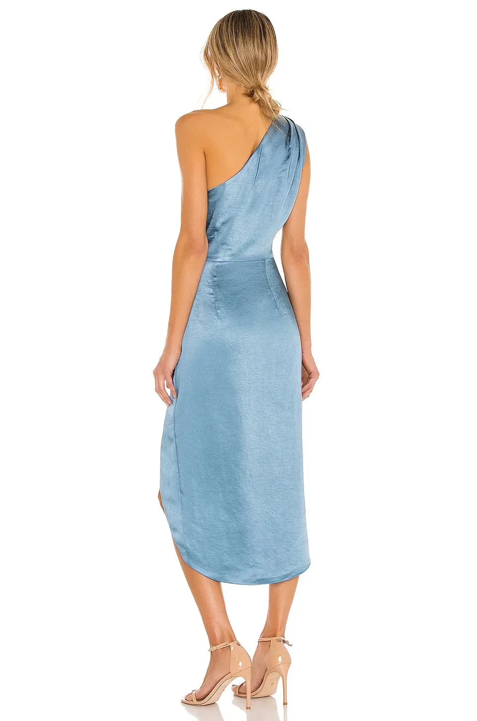 Chic Sheath One Shoulder Draped Sleeve High Slit Midi Length Evening Dress