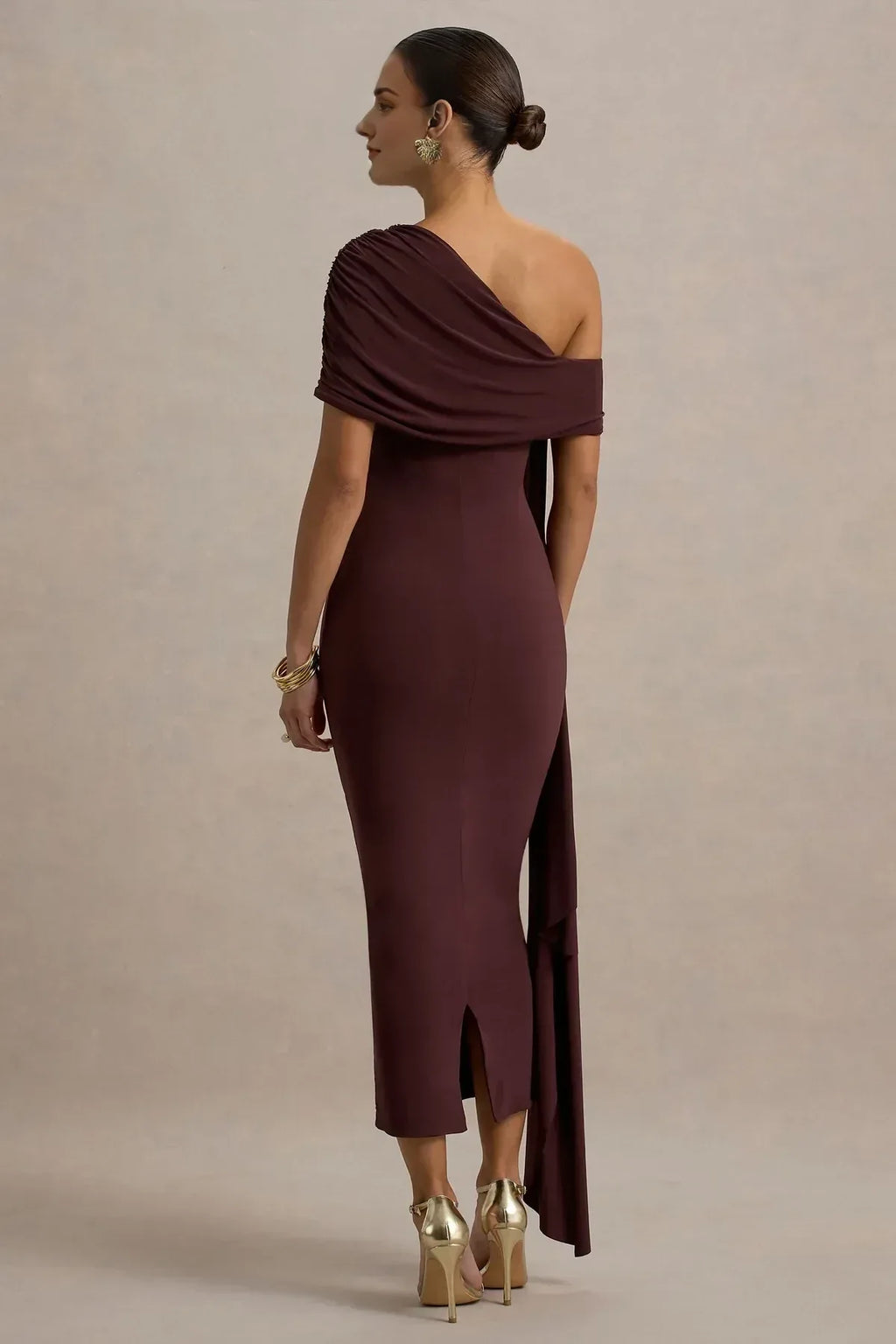 Chic Sheath One Shoulder Draped Sleeve Zipper Back Midi Length Evening Dress