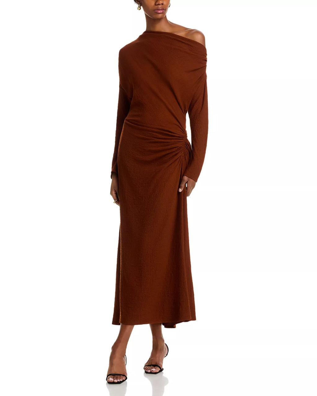 Chic Sheath One Shoulder Long Sleeve Ruched Back Midi Length Prom Dress