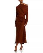 Chic Sheath One Shoulder Long Sleeve Ruched Back Midi Length Prom Dress