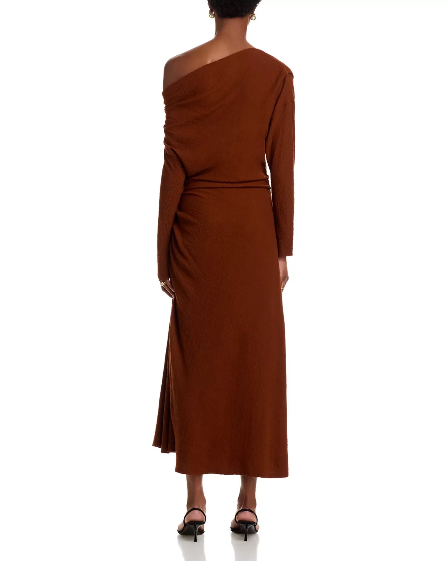 Chic Sheath One Shoulder Long Sleeve Ruched Back Midi Length Prom Dress