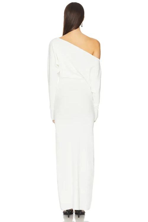 Élégante Robe de Soirée Fourreau Asymétrique Épaule Unique Manches Longues Unie Longueur Ras du Sol