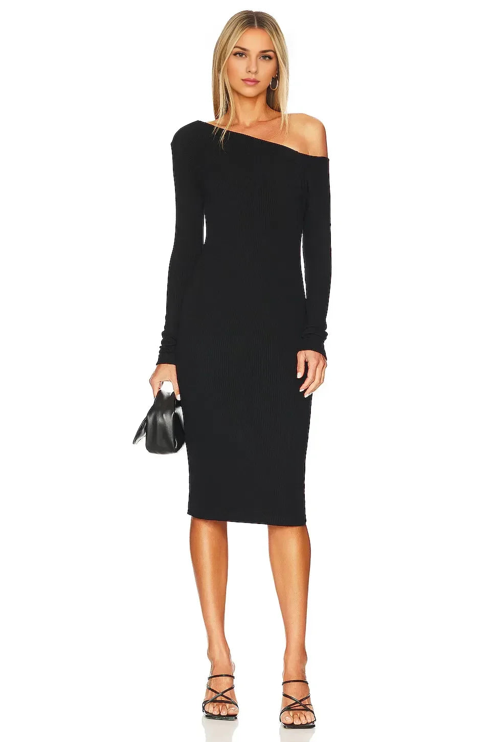 Chic Sheath One Shoulder Long Sleeve Solid Back Midi Evening Dress