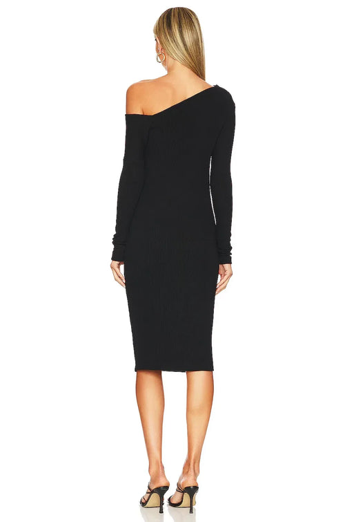 Robe de soirée fourreau chic mi-longue à une épaule et manches longues unie au dos