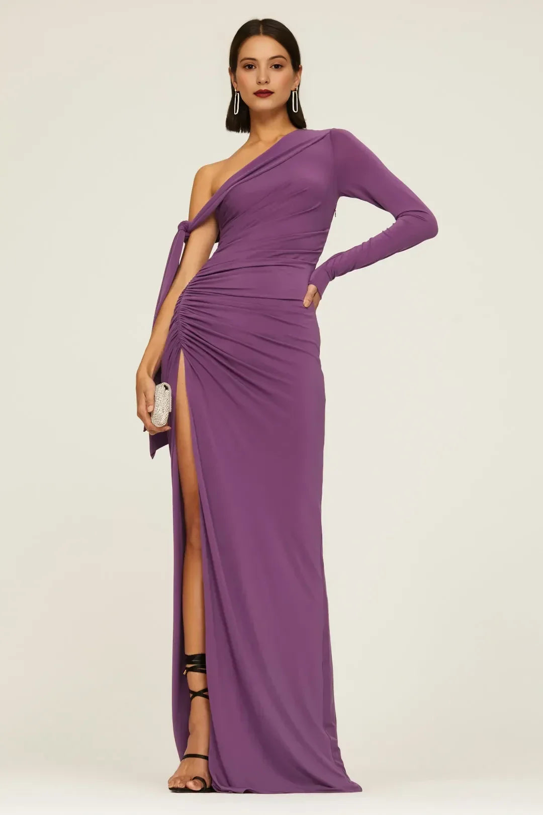Chic Sheath One Shoulder Ruched Side High Slit Floor Length Plus Size Prom Dress