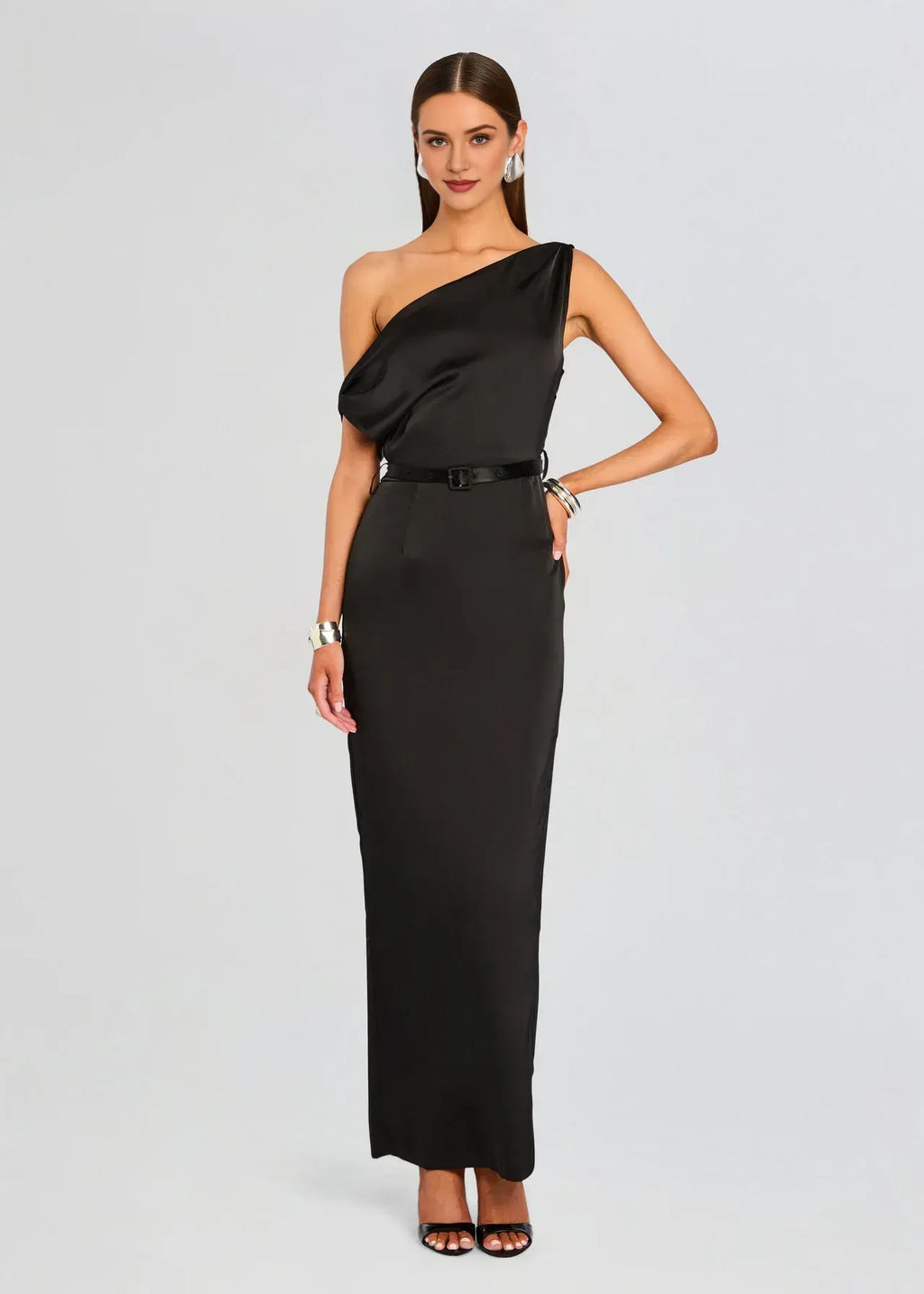Chic Sheath One Shoulder Sleeveless Belted Back Floor Length Plus Size Prom Dress