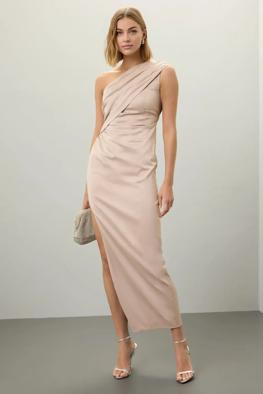 Chic Sheath One Shoulder Sleeveless Draped Midi Length Plus Size Prom Dress