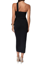 Chic Sheath One Shoulder Sleeveless Plain Back Midi Length Evening Dress