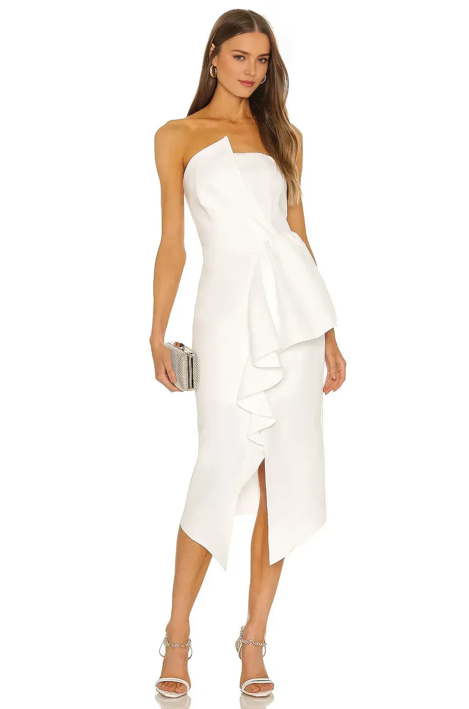 Chic Sheath One Shoulder Sleeveless Ruffled Asymmetric Midi Length Evening Dress