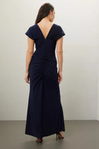 Chic Sheath Plunge Neck Cap Sleeve Ruched Side Floor Length Plus Size Prom Dress